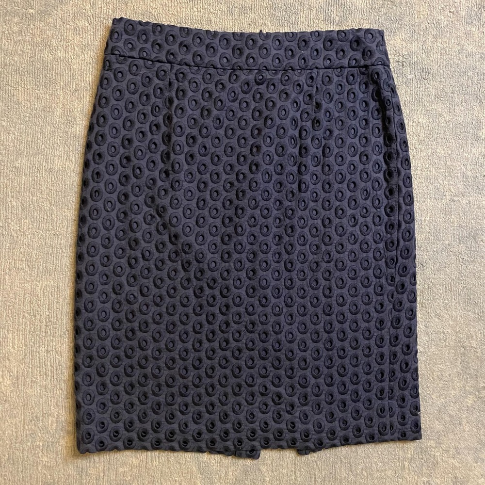 J Crew Skirt Womens 4 Navy Blue Eyelet Circle Embroidered Cotton Lined Pencil